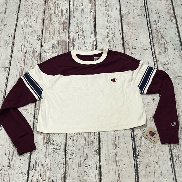 Women's Champion Logo Multi Color Crop Top Long Sleeve Crewneck Shirt Sweatshirt - Picture 1 of 9